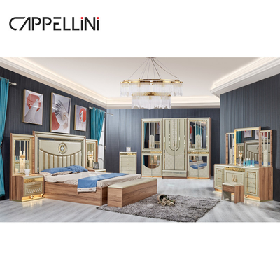 Luxus Gold Holz Doppelleder King Size Bett Holz Modernes Zuhause Vollzimmermöbel Set