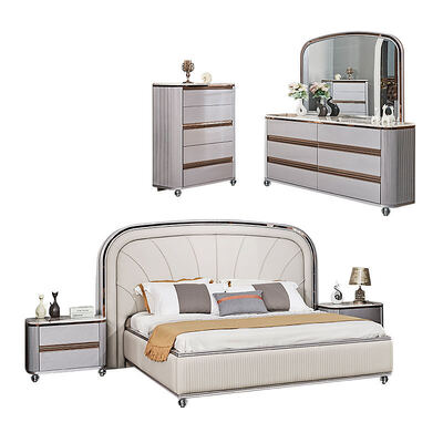Modernes Luxus-Doppelbett aus Leder Komplett-Schlafzimmer-Sets Meisterzimmer Holzrahmen Modernes Kingsize-Schlafzimmermöbel-Set