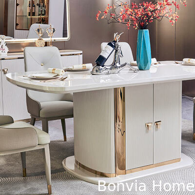 Moderne weiße Holz Luxus Esszimmer-Sets 6-Sitzer Komplettes Wohnmöbel Aufbewahrung Großer Holzesstisch und Stuhl-Set