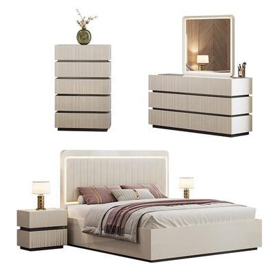 Moderne Luxus-Königgröße Schlafzimmer-Sets Doppelbett LED-Kopfteil Hotel Home Master Room Komplett Holz Schlafzimmermöbel Set