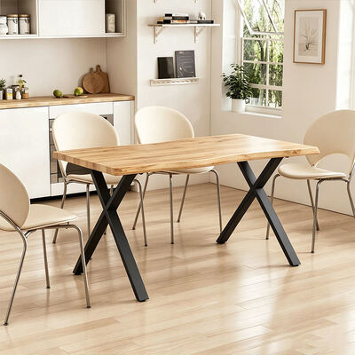 Minimalistischer Stil Rechteck Live Edge Esstisch Metallbasis Esszimmermöbel Holz Modernes Esstisch Set 6 Sitzplätze