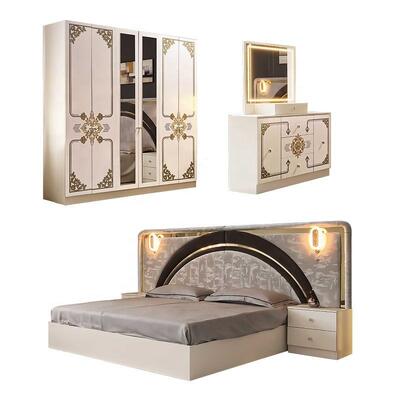 Moderne Luxus-Weiß-Gold-Zimmerkomplett Set Hochglanz-LED-Kopfteil Königsgroß-Bett Holzrahmen Meisterzimmermöbel Set