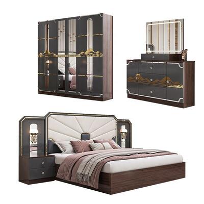 Moderne Luxus-Schlafzimmermöbel-Set Holzrahmen Hochglanz Grau King-Size-Bett Master Room Suite Türkische Schlafzimmer-Sets Möbel