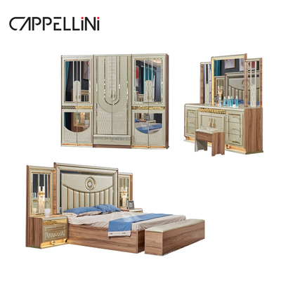 Luxus Gold Holz Doppelleder King Size Bett Holz Modernes Zuhause Vollzimmermöbel Set
