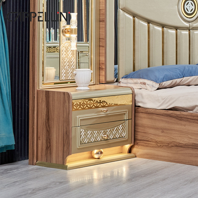 Luxus Gold Holz Doppelleder King Size Bett Holz Modernes Zuhause Vollzimmermöbel Set