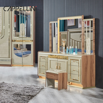 Luxus Gold Holz Doppelleder King Size Bett Holz Modernes Zuhause Vollzimmermöbel Set