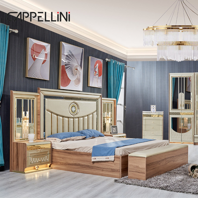 Luxus Gold Holz Doppelleder King Size Bett Holz Modernes Zuhause Vollzimmermöbel Set