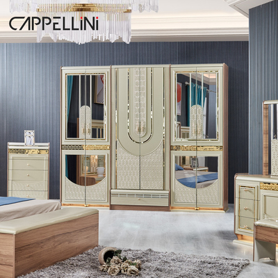 Luxus Gold Holz Doppelleder King Size Bett Holz Modernes Zuhause Vollzimmermöbel Set