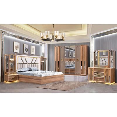 Türkischer Luxus-Stil Holzrahmen King Size Bett Set Led Kopfbrett Moderne Klassiker Vollhaus Holz Schlafzimmer Sets Möbel