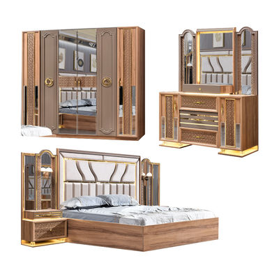 Türkischer Luxus-Stil Holzrahmen King Size Bett Set Led Kopfbrett Moderne Klassiker Vollhaus Holz Schlafzimmer Sets Möbel