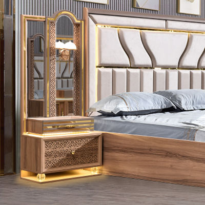 Türkischer Luxus-Stil Holzrahmen King Size Bett Set Led Kopfbrett Moderne Klassiker Vollhaus Holz Schlafzimmer Sets Möbel