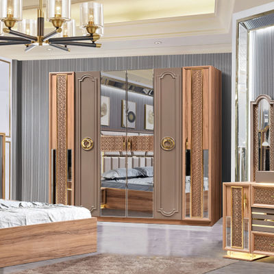 Türkischer Luxus-Stil Holzrahmen King Size Bett Set Led Kopfbrett Moderne Klassiker Vollhaus Holz Schlafzimmer Sets Möbel