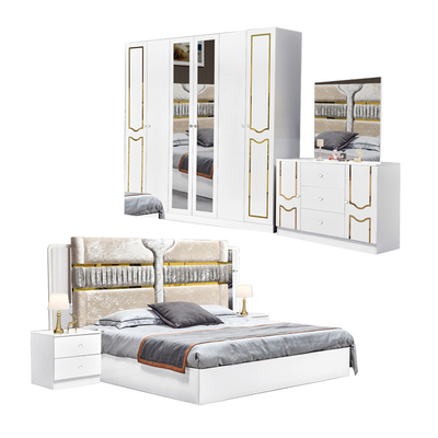 Hochglanz weißer Holzrahmen Doppelbett Suite Luxus King Size Modernes Design Mdf Schlafzimmermöbel