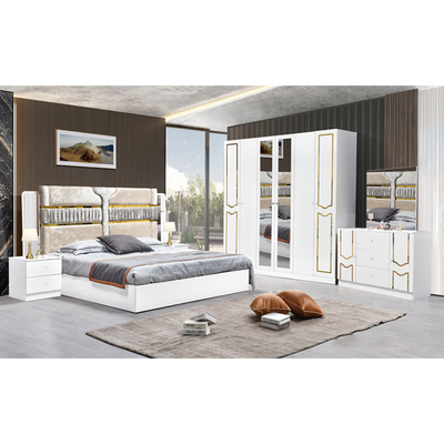 Hochglanz weißer Holzrahmen Doppelbett Suite Luxus King Size Modernes Design Mdf Schlafzimmermöbel
