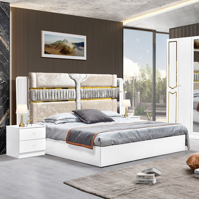 Hochglanz weißer Holzrahmen Doppelbett Suite Luxus King Size Modernes Design Mdf Schlafzimmermöbel