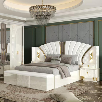 OEM Großhandel Weiß Royal Luxus Doppelbett King Size Meisterzimmer Modernes Zuhause Holzrahmen Vollzimmermöbel Set