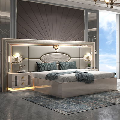 Moderne Luxus Holzrahmen Doppel King Size Bett Set Villa Home Master Room Königin Leder Holz Mdf Vollmöbel Schlafzimmer Sets