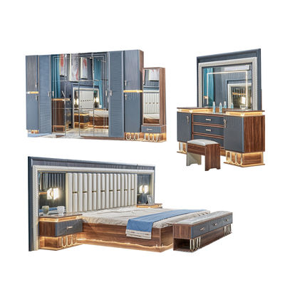 Hochwertiges modernes Holz Kingsize Doppelbett Set Leder Kopfteil Holz Luxus-Hausmöbel Schlafzimmer Sets