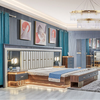 Hochwertiges modernes Holz Kingsize Doppelbett Set Leder Kopfteil Holz Luxus-Hausmöbel Schlafzimmer Sets