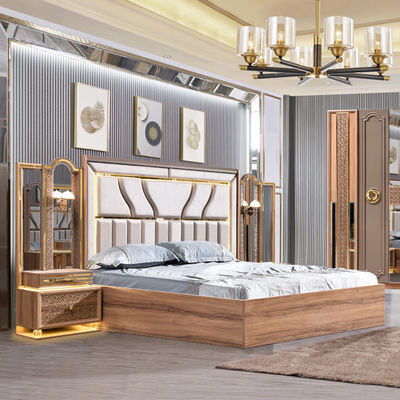 Türkischer Luxus-Stil Holzrahmen King Size Bett Set Led Kopfbrett Moderne Klassiker Vollhaus Holz Schlafzimmer Sets Möbel
