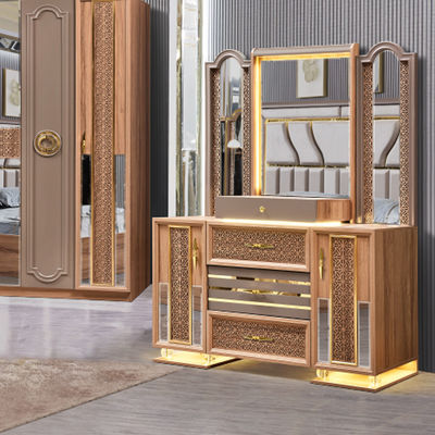 Türkischer Luxus-Stil Holzrahmen King Size Bett Set Led Kopfbrett Moderne Klassiker Vollhaus Holz Schlafzimmer Sets Möbel