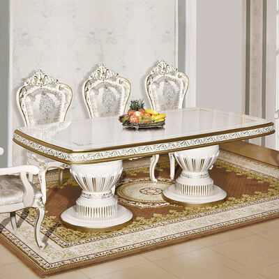 Weißer antiker klassischer Esstisch aus Holz mit 6 Stühlen, europäisch, königlich, groß, Holz, luxuriös, Esszimmer-Sets für Zuhause, Möbel