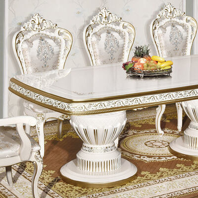 Weißer antiker klassischer Esstisch aus Holz mit 6 Stühlen, europäisch, königlich, groß, Holz, luxuriös, Esszimmer-Sets für Zuhause, Möbel