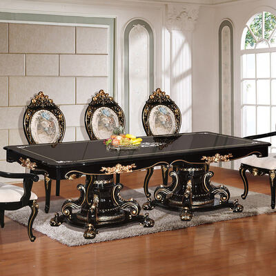 Luxus-Esstisch im europäischen Klassikerstil 6 Sitzstühle komplettes Zuhause Antike Holzgroßes Esszimmer Set Möbel