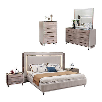 King Size LED Kopfteil Luxus Lederbett Schlafzimmer Sets Holzrahmen Modern Home Zimmer Doppel Komplettes Schlafzimmer Möbel Set
