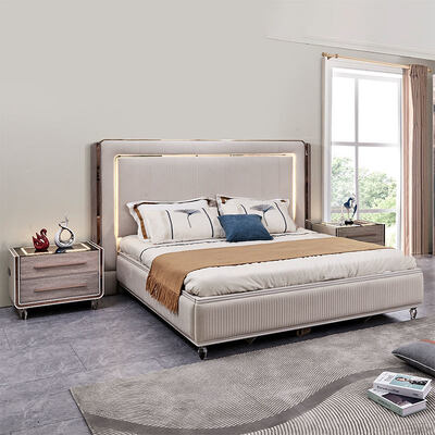 King Size LED Kopfteil Luxus Lederbett Schlafzimmer Sets Holzrahmen Modern Home Zimmer Doppel Komplettes Schlafzimmer Möbel Set