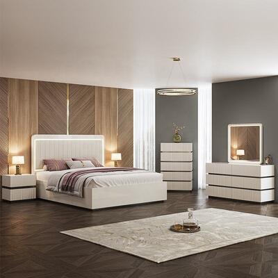 Moderne Luxus-Königgröße Schlafzimmer-Sets Doppelbett LED-Kopfteil Hotel Home Master Room Komplett Holz Schlafzimmermöbel Set