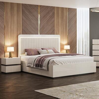 Moderne Luxus-Königgröße Schlafzimmer-Sets Doppelbett LED-Kopfteil Hotel Home Master Room Komplett Holz Schlafzimmermöbel Set