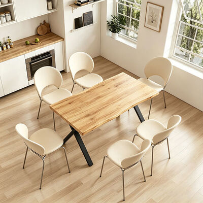 Minimalistischer Stil Rechteck Live Edge Esstisch Metallbasis Esszimmermöbel Holz Modernes Esstisch Set 6 Sitzplätze