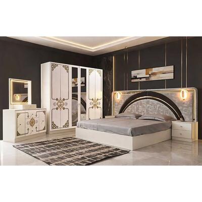 Moderne Luxus-Weiß-Gold-Zimmerkomplett Set Hochglanz-LED-Kopfteil Königsgroß-Bett Holzrahmen Meisterzimmermöbel Set