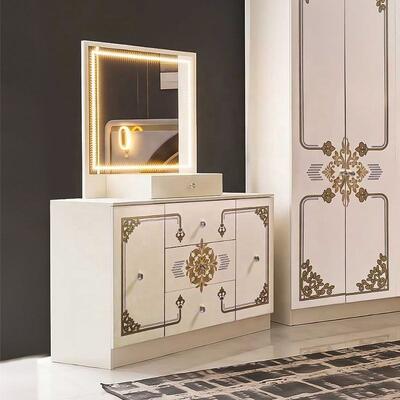 Moderne Luxus-Weiß-Gold-Zimmerkomplett Set Hochglanz-LED-Kopfteil Königsgroß-Bett Holzrahmen Meisterzimmermöbel Set