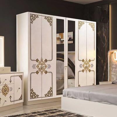 Moderne Luxus-Weiß-Gold-Zimmerkomplett Set Hochglanz-LED-Kopfteil Königsgroß-Bett Holzrahmen Meisterzimmermöbel Set