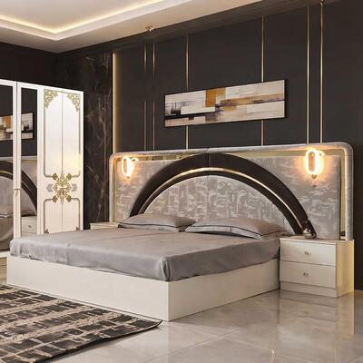 Moderne Luxus-Weiß-Gold-Zimmerkomplett Set Hochglanz-LED-Kopfteil Königsgroß-Bett Holzrahmen Meisterzimmermöbel Set