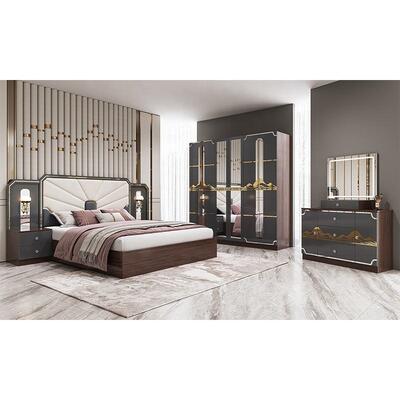 Moderne Luxus-Schlafzimmermöbel-Set Holzrahmen Hochglanz Grau King-Size-Bett Master Room Suite Türkische Schlafzimmer-Sets Möbel