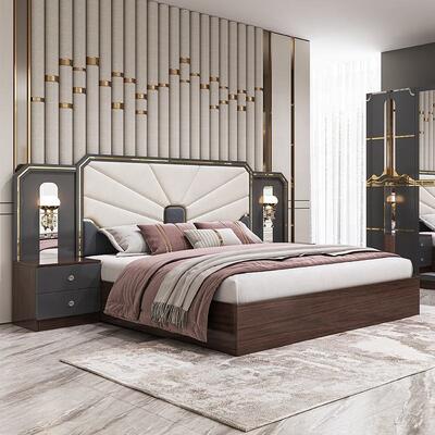 Moderne Luxus-Schlafzimmermöbel-Set Holzrahmen Hochglanz Grau King-Size-Bett Master Room Suite Türkische Schlafzimmer-Sets Möbel