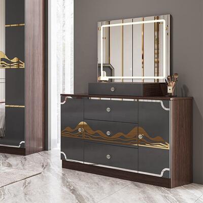 Moderne Luxus-Schlafzimmermöbel-Set Holzrahmen Hochglanz Grau King-Size-Bett Master Room Suite Türkische Schlafzimmer-Sets Möbel