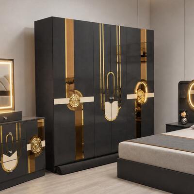 Türkischer Königlicher Luxus Komplett Schlafzimmer Set König Größe Schlafzimmer Suite Beleuchtete Kopfteile Holzrahmen Moderne Schlafzimmermöbel Set