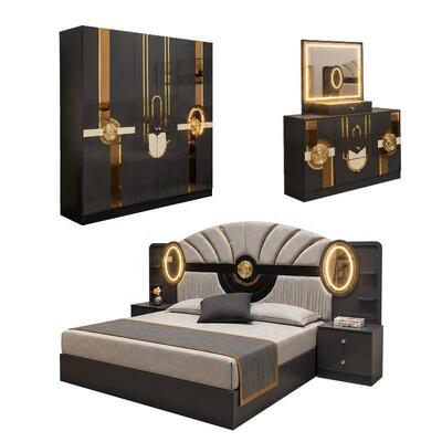 Türkischer Königlicher Luxus Komplett Schlafzimmer Set König Größe Schlafzimmer Suite Beleuchtete Kopfteile Holzrahmen Moderne Schlafzimmermöbel Set
