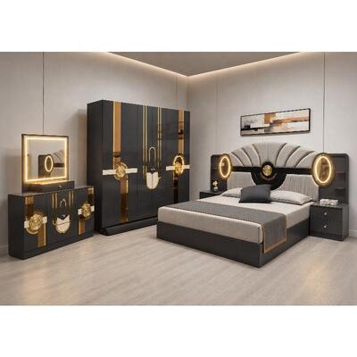 Türkischer Königlicher Luxus Komplett Schlafzimmer Set König Größe Schlafzimmer Suite Beleuchtete Kopfteile Holzrahmen Moderne Schlafzimmermöbel Set