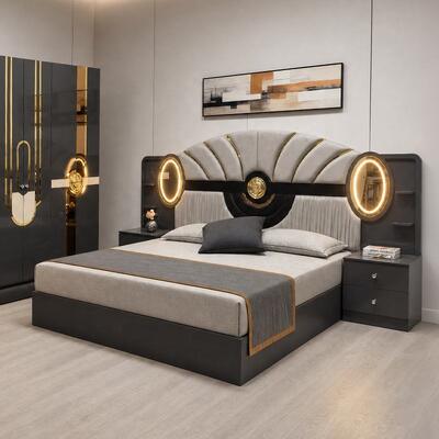 Türkischer Königlicher Luxus Komplett Schlafzimmer Set König Größe Schlafzimmer Suite Beleuchtete Kopfteile Holzrahmen Moderne Schlafzimmermöbel Set