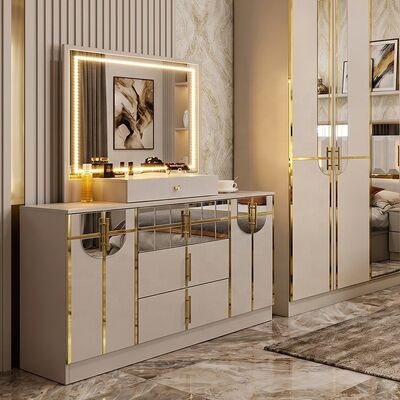 Hochglanz Royal Luxury Komplettes Schlafzimmer-Set, Kingsize-Bett, 5-teiliges Holzrahmen-Set, Türkische Moderne Schlafzimmermöbel