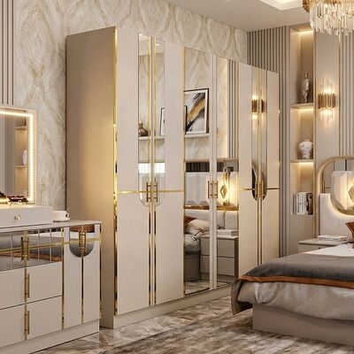 Hochglanz Royal Luxury Komplettes Schlafzimmer-Set, Kingsize-Bett, 5-teiliges Holzrahmen-Set, Türkische Moderne Schlafzimmermöbel