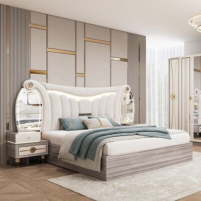Luxuriöses modernes Schlafzimmermöbelset in King-Size-Größe mit beleuchtetem Kopfteil, Doppelbett, Holzrahmen, komplettes türkisches Meister-Schlafzimmer-Set