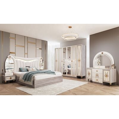 Luxuriöses modernes Schlafzimmermöbelset in King-Size-Größe mit beleuchtetem Kopfteil, Doppelbett, Holzrahmen, komplettes türkisches Meister-Schlafzimmer-Set