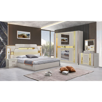Türkischer Luxus-Stil Holzrahmen King Size Bett Set Led Kopfbrett Moderne Klassiker Vollhaus Holz Schlafzimmer Sets Möbel