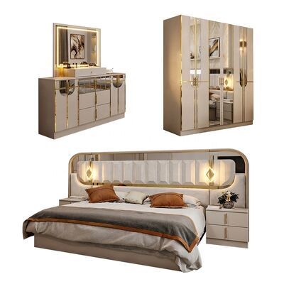 Hochglanz Royal Luxury Komplettes Schlafzimmer-Set, Kingsize-Bett, 5-teiliges Holzrahmen-Set, Türkische Moderne Schlafzimmermöbel